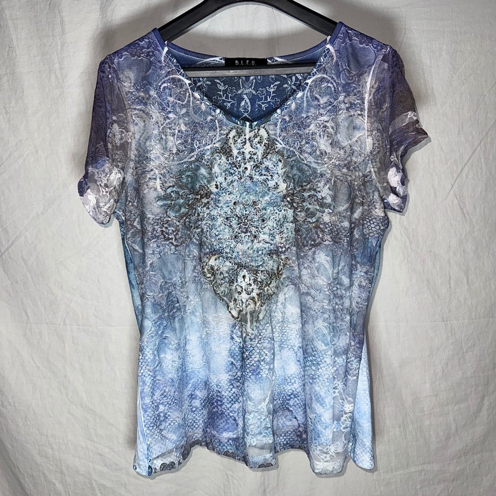 Womens Blue Mesh Overlay Rhinestone Paisley Graphic V-Neck Top Large B.L.E.U.